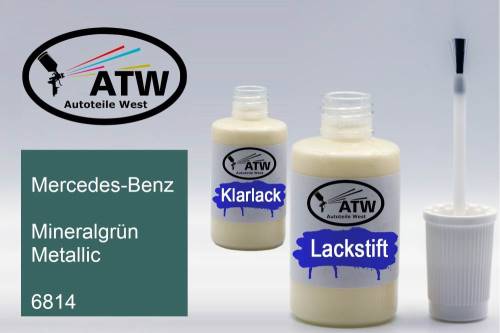 Mercedes-Benz, Mineralgrün Metallic, 6814: 20ml Lackstift + 20ml Klarlack - Set, von ATW Autoteile West.